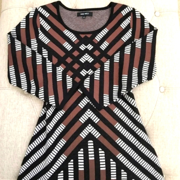 Nine West Long Sleeve Aztec Stretch Knit Sheath Woven Cotton Sweater Dress - Picture 3 of 8